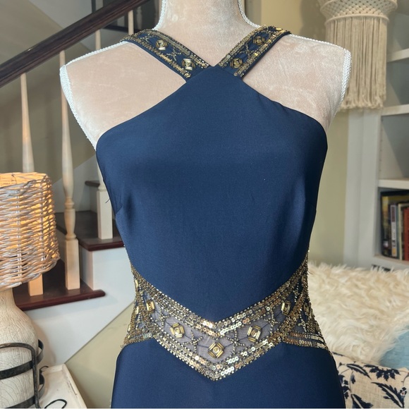 Betsy Adams Navy Gold Grecian Gown - Picture 14 of 16